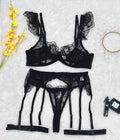 Set Lenjerie Sexy cu Broderie şi Sutien Mesh Transparent