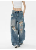 Pantaloni Denim Vintage Rupți pentru Femei — Spălați, Croială Dreaptă