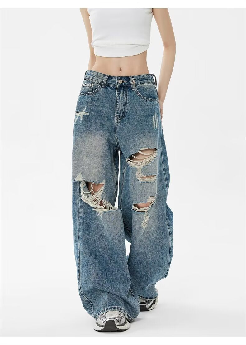 Pantaloni Denim Vintage Rupți pentru Femei — Spălați, Croială Dreaptă