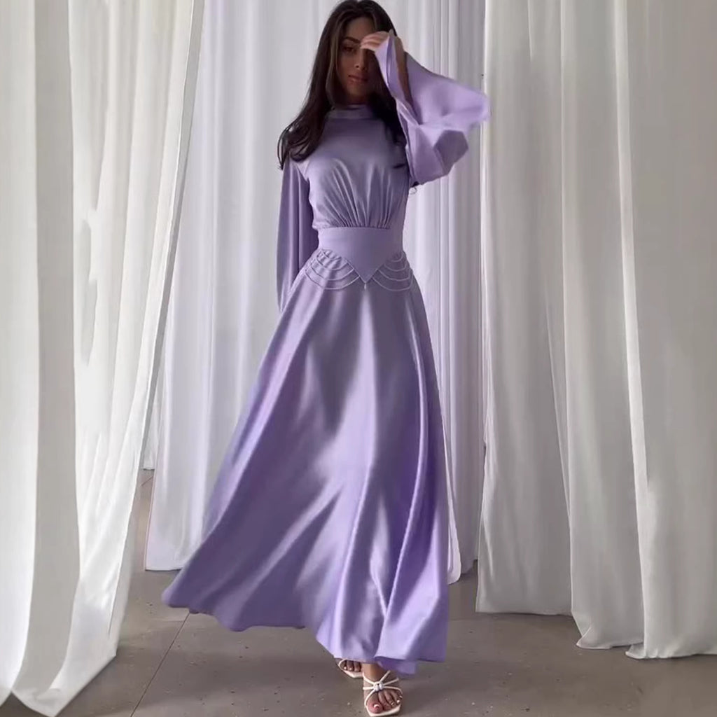 Rochie Elegantă de Vară cu Mânecă Lungă, Talie Subțiată și Design Respirabil – Culoare Uni