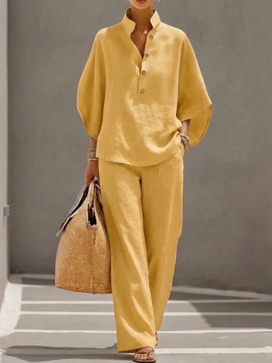Set Pantalon cu Nasturi și Top pentru Femei — Casual Chic