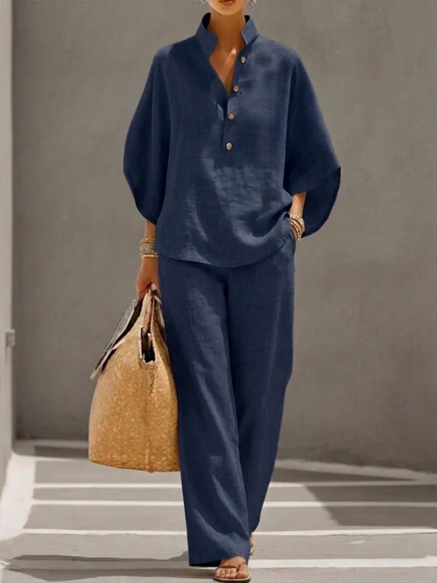 Set Pantalon cu Nasturi și Top pentru Femei — Casual Chic
