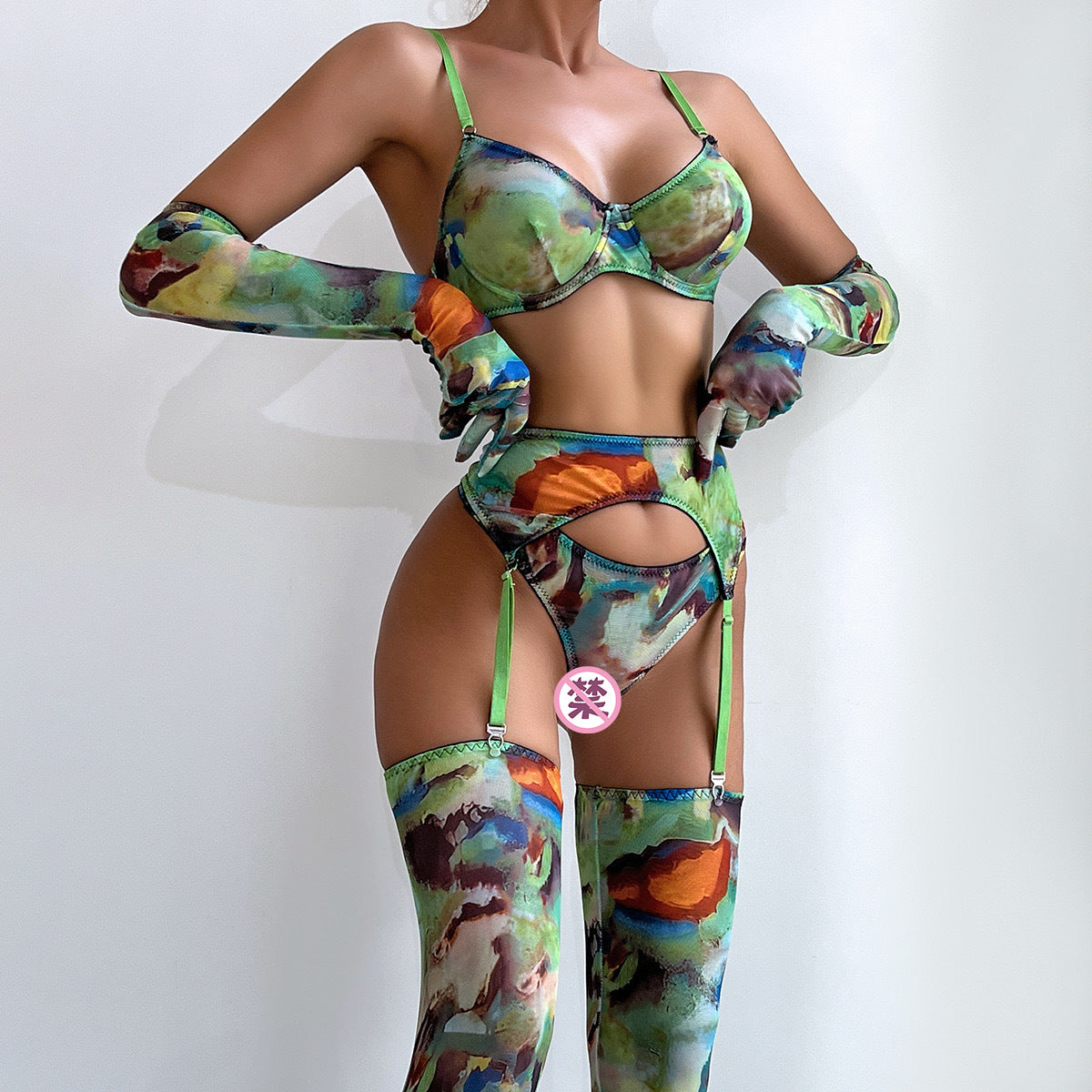 Tie-Dye Colorful Small Bust Gathering Mesh Sexy Lingerie Five-Piece Set for Women