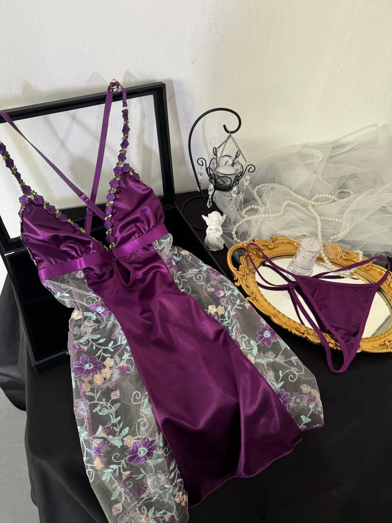 Sensual Silk Spliced Transparent Tempting V-neck Nightgown with Flower Straps Set