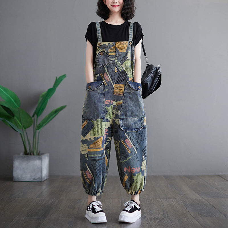 Salopetă Denim cu Print Retro Artistic pentru Femei