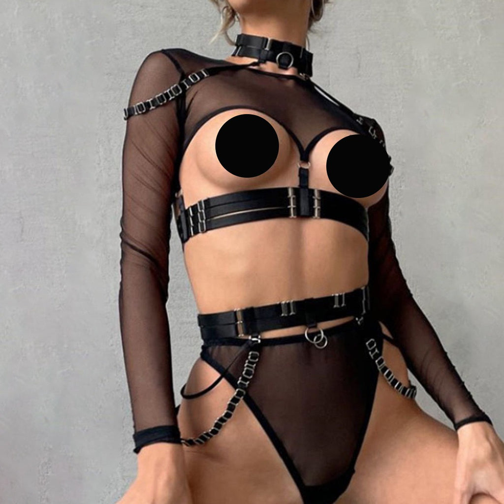 Complex Strap Halter Waistband Mesh Long Sleeve Sexy Women's Four-Piece Set