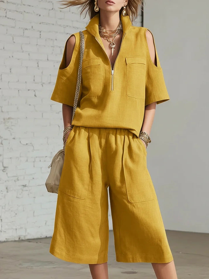 Set 2 Piese Femei — Bluză Mânecă Scurtă și Pantaloni Largi