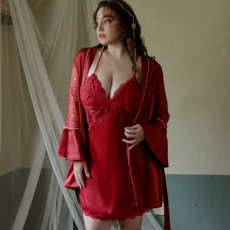 Sexy pajama plus size ice silk imitation silk set, high-end with chest cushion, suspender, nightgown set, fat