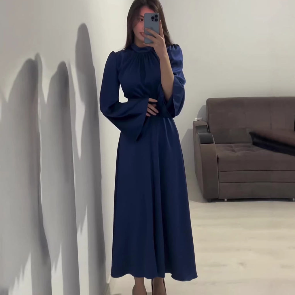 Rochie Maxi Elegantă cu Curea și Talie Îngustă — Mânecă Lungă