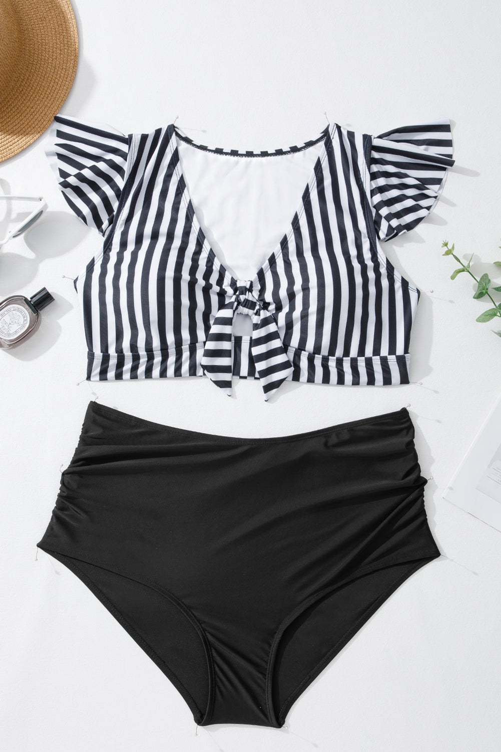Costum de Baie Plus Size Negru cu Dungi — Set 2 Piese, Talie Înaltă