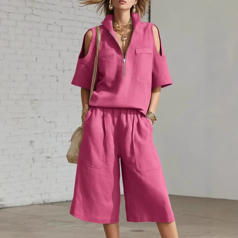 Set 2 Piese Femei — Bluză Mânecă Scurtă și Pantaloni Largi