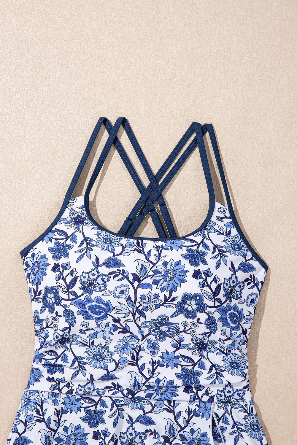 Costum de Baie Intreg Albastru Deschis cu Print Floral - Spate Incrucisate