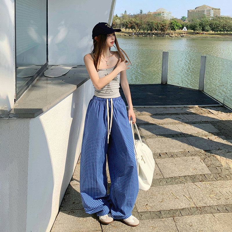 Pantaloni Casual cu Talie Înaltă în Carouri Albastre pentru Femei