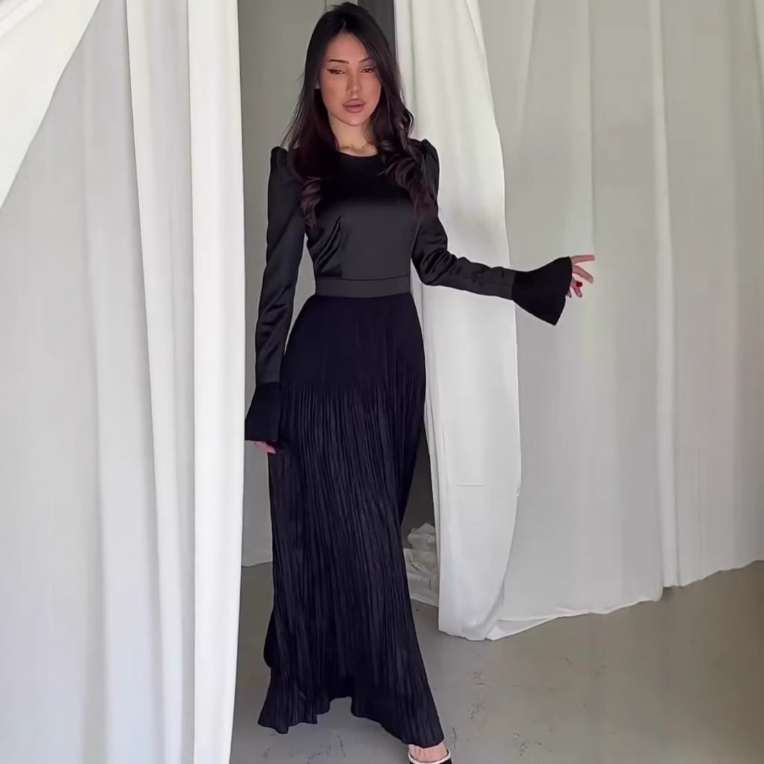 Rochie Maxi Elegantă cu Mânecă Lungă, Croiaă Mulată – Farmec Delicat, Modă de Iarnă