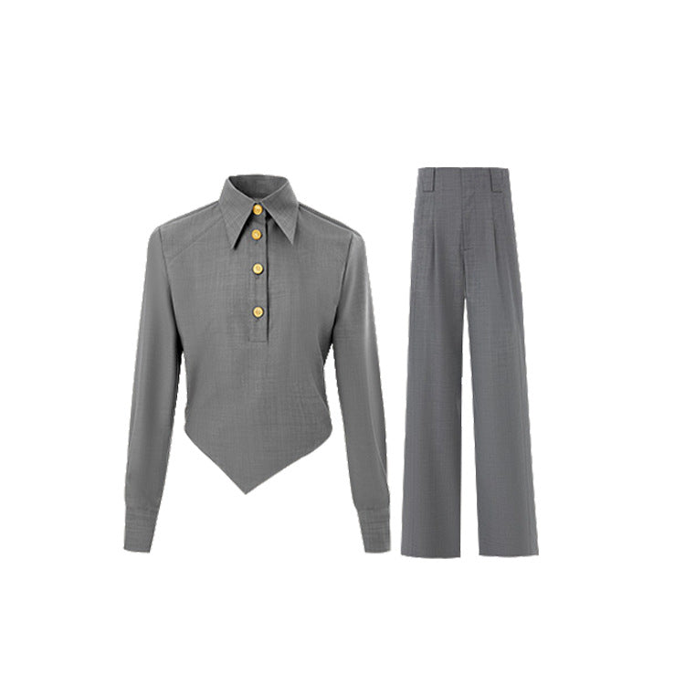 Set Elegant Femei “Old Money” — Bluză Asimetrică și Pantaloni Drepți