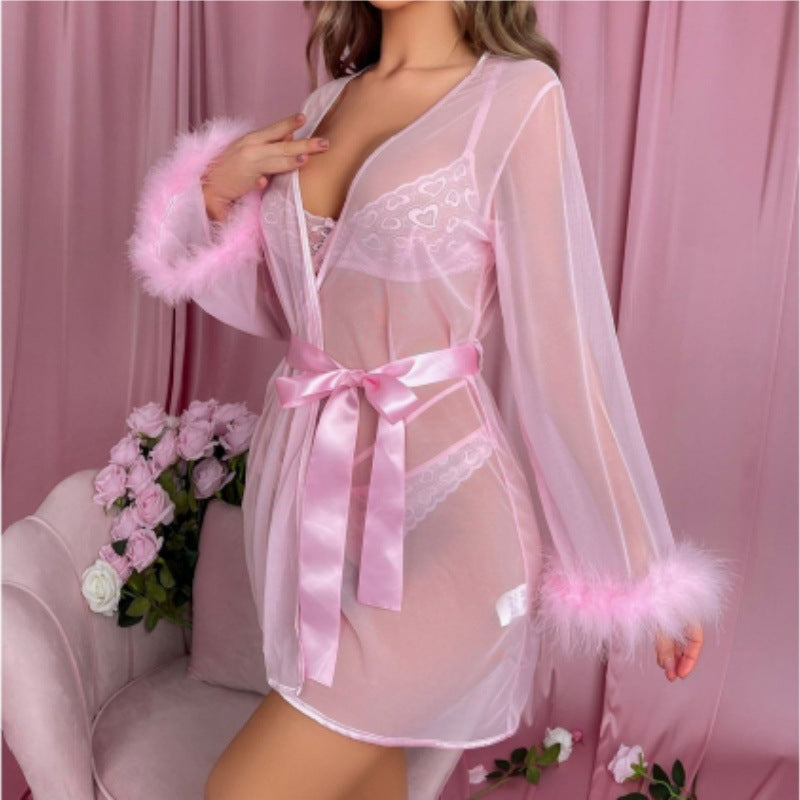 Ținută de Crăciun Dantelă Transparentă Set 3 Piese — Jachetă + Sutien + Lenjerie