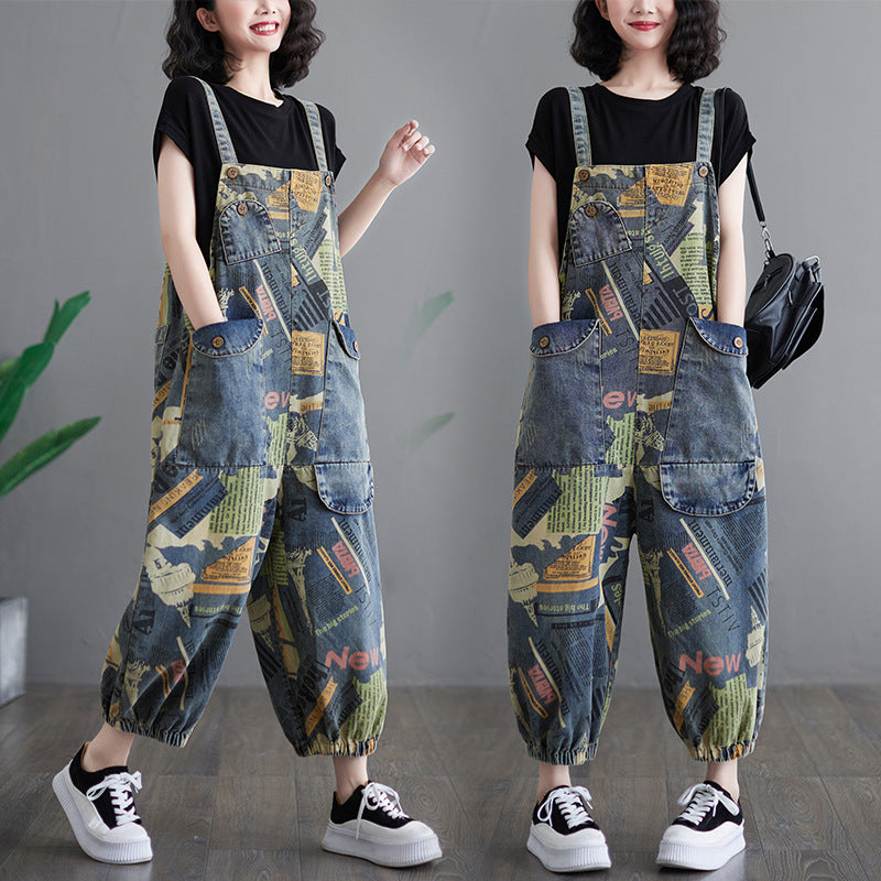 Salopetă Denim cu Print Retro Artistic pentru Femei