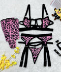 Set Lenjerie Sexy 4 Piese din Plasă — Sutien, Chiloți, Ciorapi, Model Leopard/Zebra