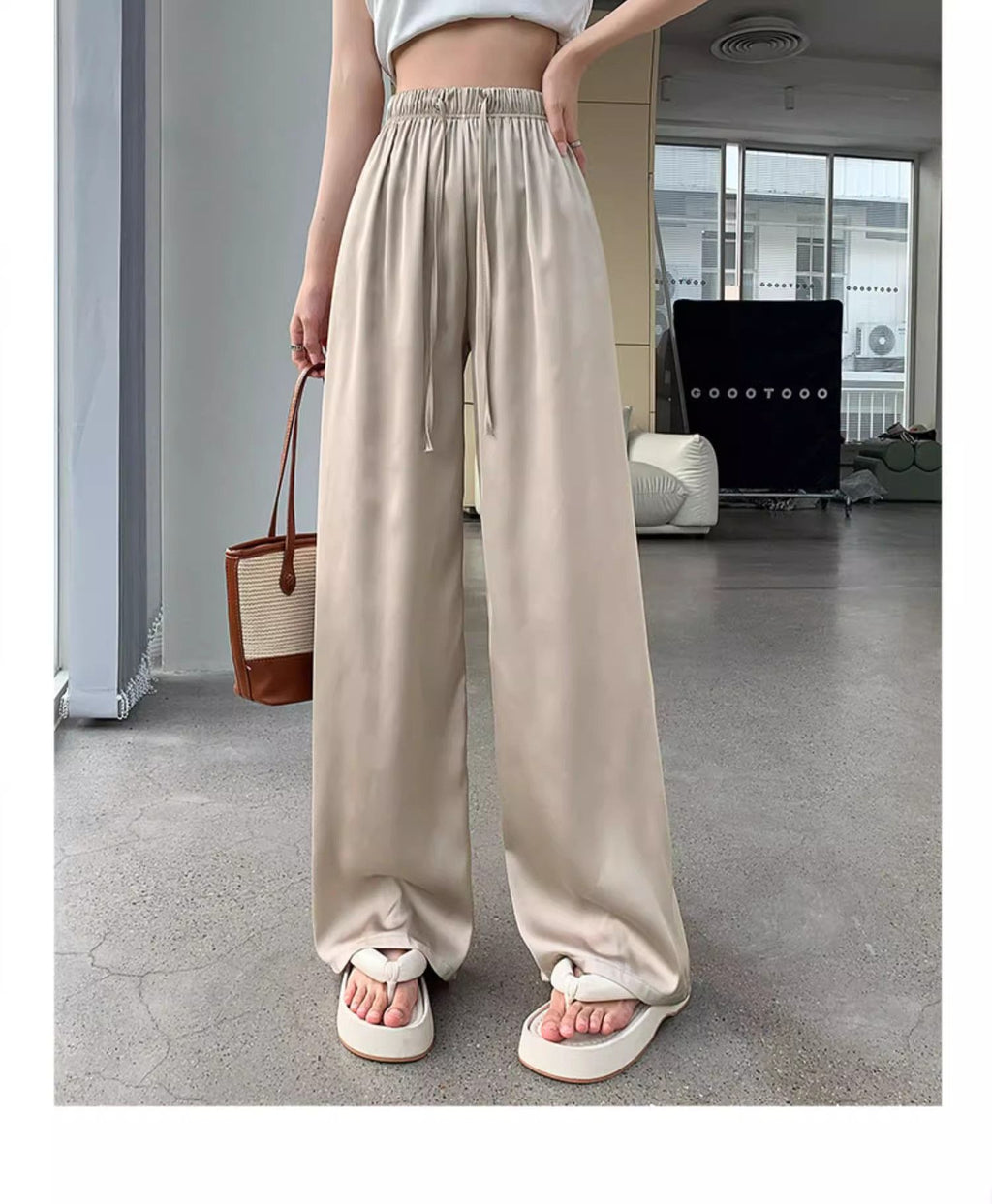 Pantaloni Wide-Leg din Mătase de Gheață cu Talie Înaltă pentru Femei