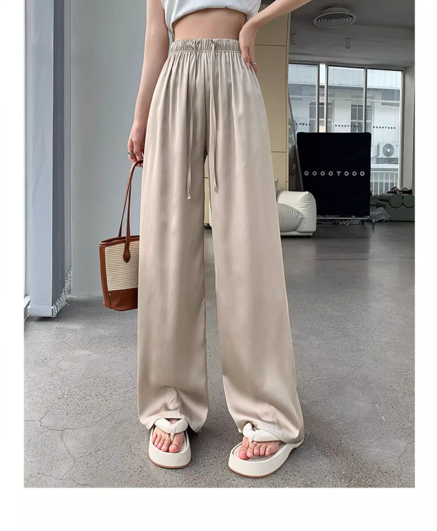 Pantaloni Wide-Leg din Mătase de Gheață cu Talie Înaltă pentru Femei