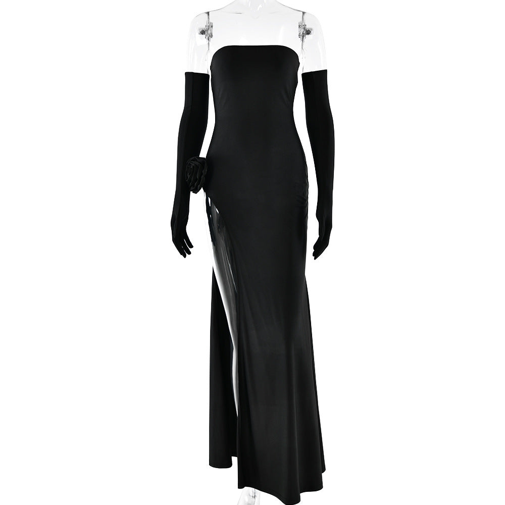 Rochie Lungă Sexy Strapless cu Inserție Florală și Spate Gol