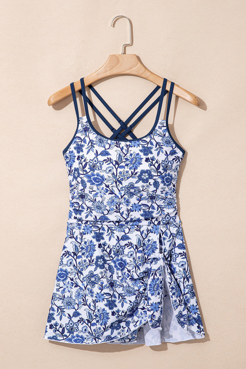 Costum de Baie Intreg Albastru Deschis cu Print Floral - Spate Incrucisate