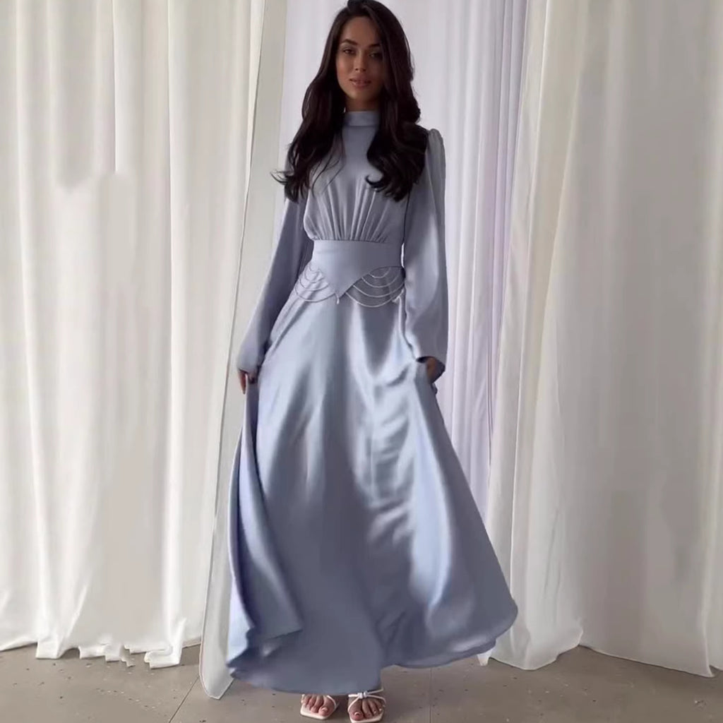 Rochie Elegantă de Vară cu Mânecă Lungă, Talie Subțiată și Design Respirabil – Culoare Uni