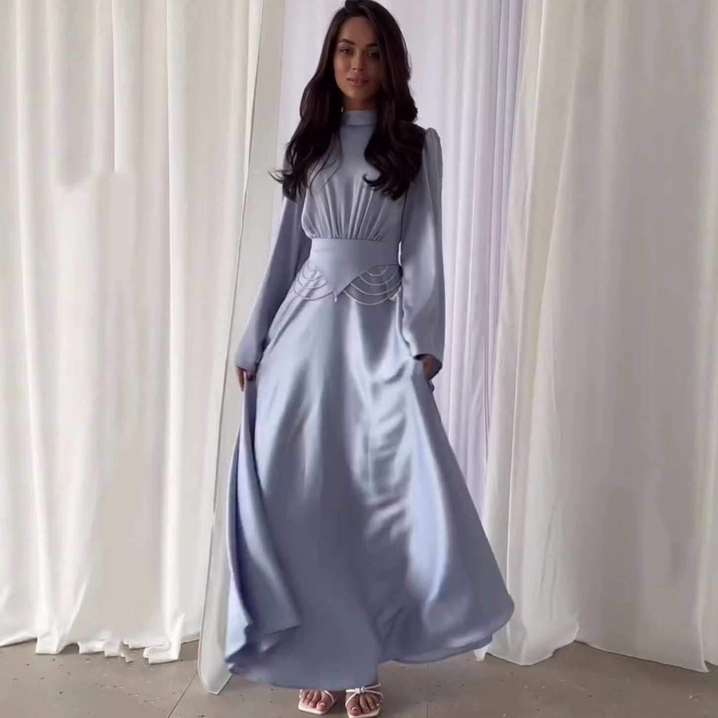 Rochie Elegantă de Vară cu Mânecă Lungă, Talie Subțiată și Design Respirabil – Culoare Uni