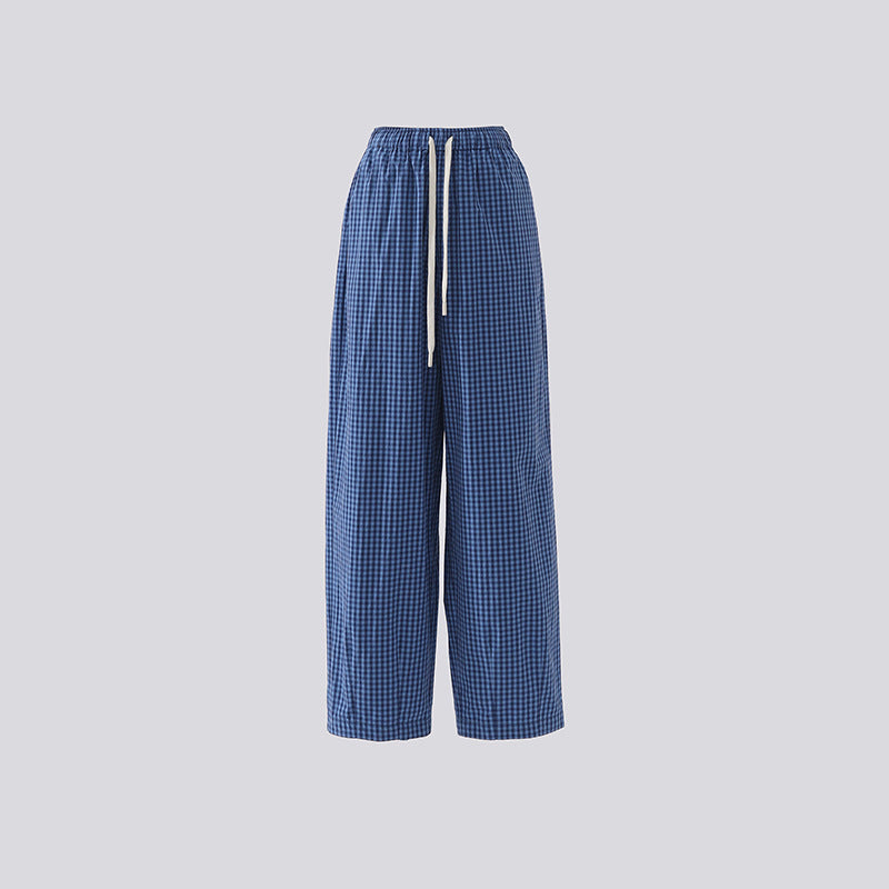 Pantaloni Casual cu Talie Înaltă în Carouri Albastre pentru Femei