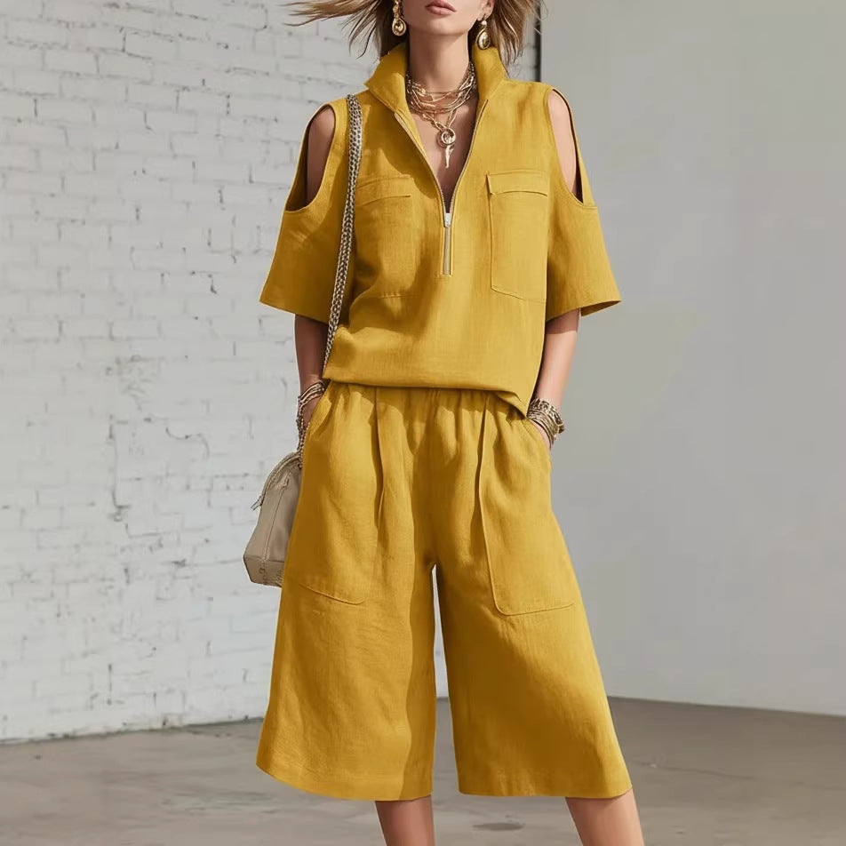 Set 2 Piese Femei — Bluză Mânecă Scurtă și Pantaloni Largi