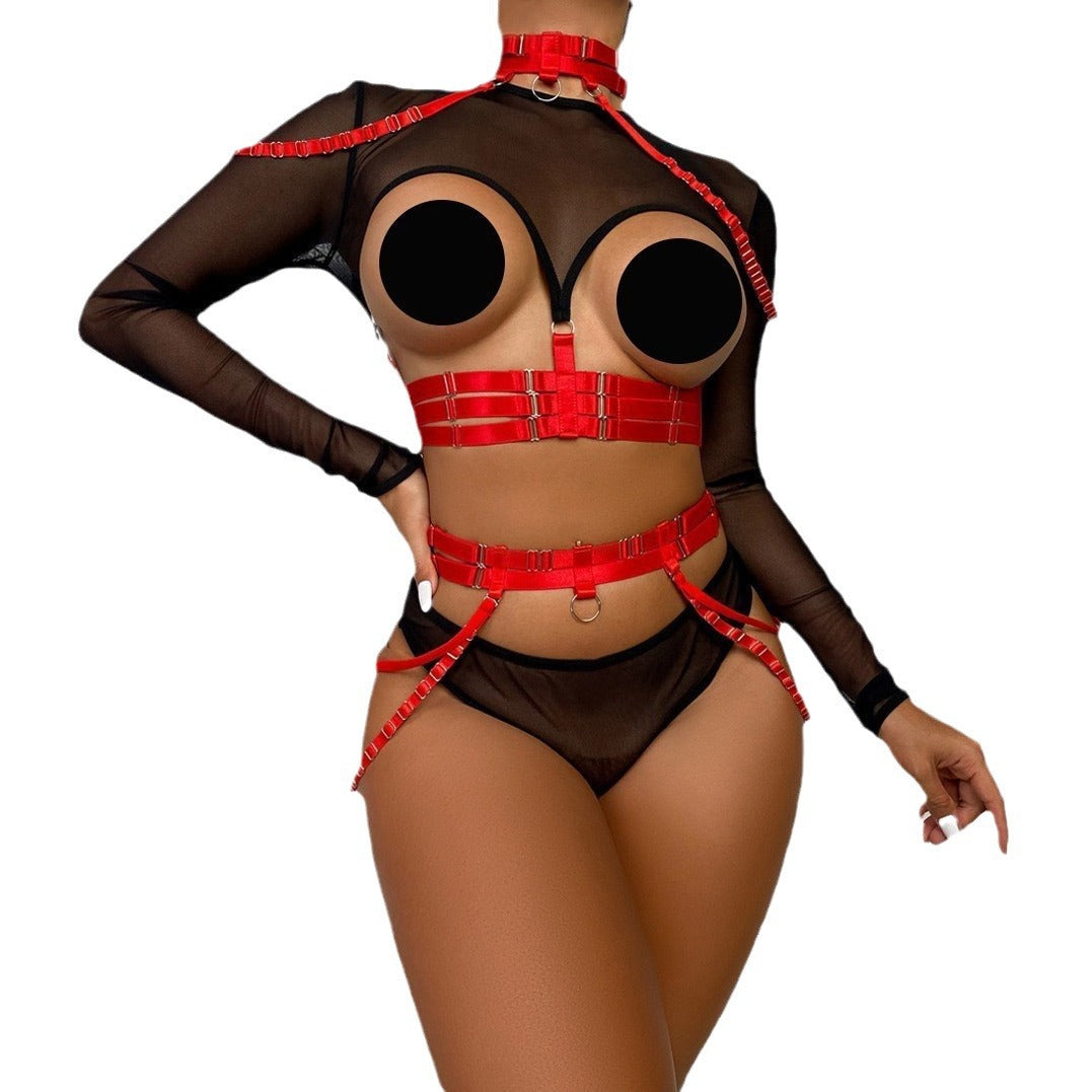 Complex Strap Halter Waistband Mesh Long Sleeve Sexy Women's Four-Piece Set