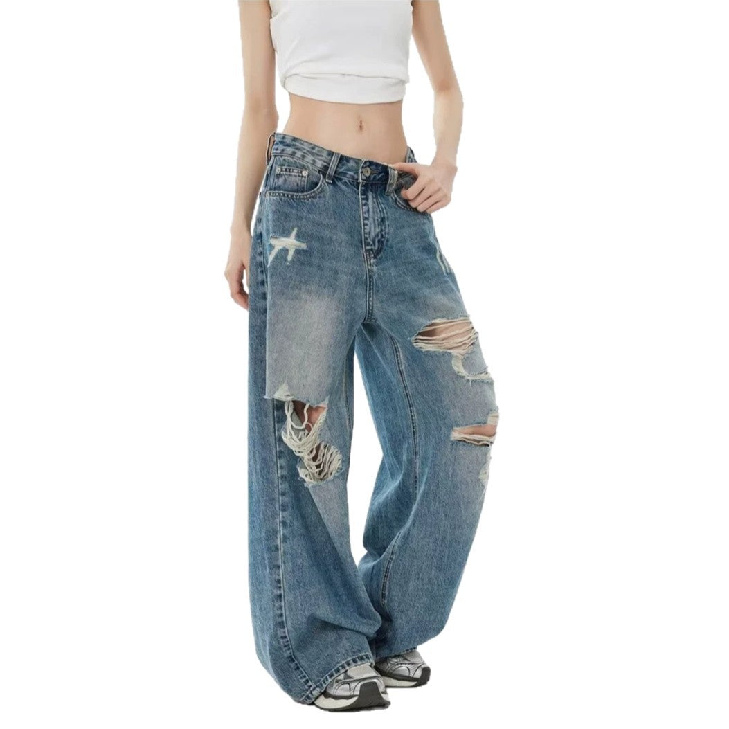 Pantaloni Denim Vintage Rupți pentru Femei — Spălați, Croială Dreaptă