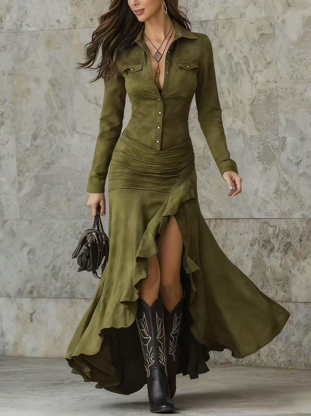 Rochie Lungă Elegantă cu Fermoar, Guler Drept și Crestătură Slim Fit