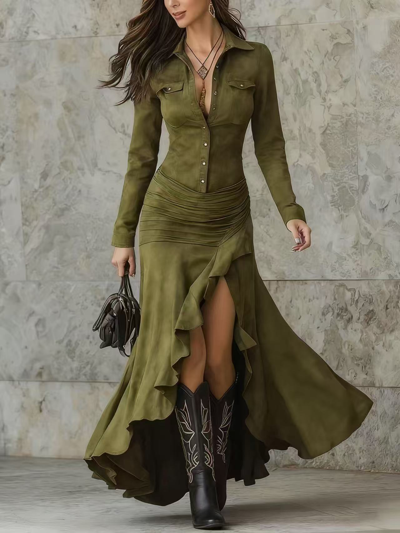Rochie Lungă Elegantă cu Fermoar, Guler Drept și Crestătură Slim Fit