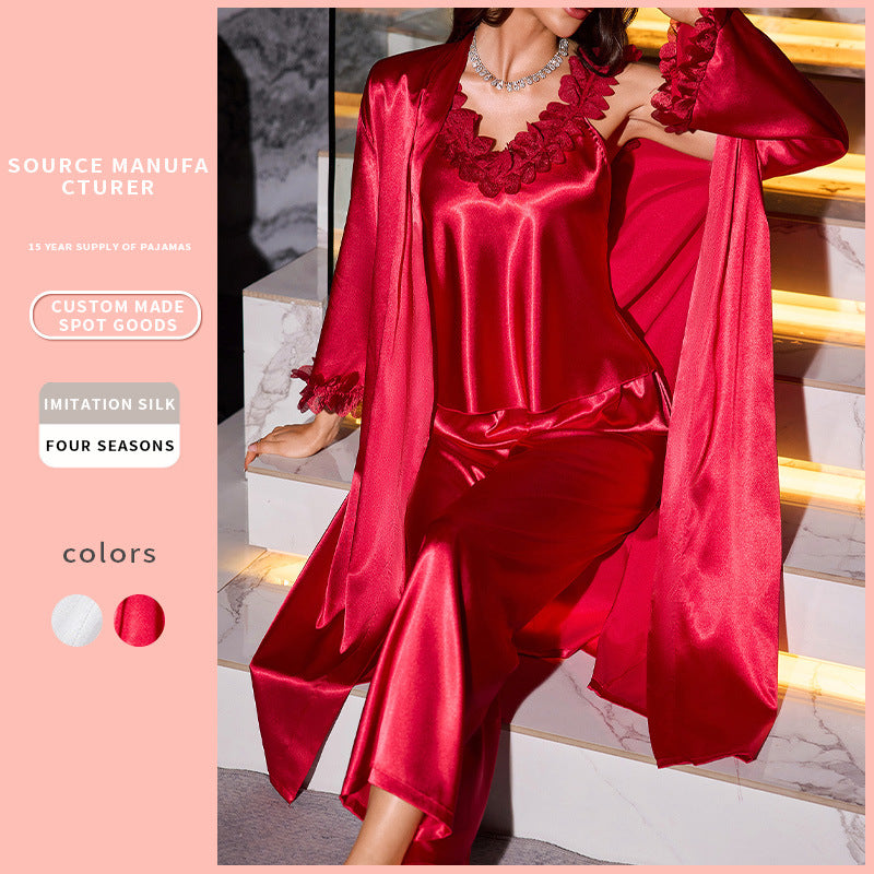 Set 3 Piese Pijamale Femei — Halat + Top + Pantaloni Scurți, 2 Culori
