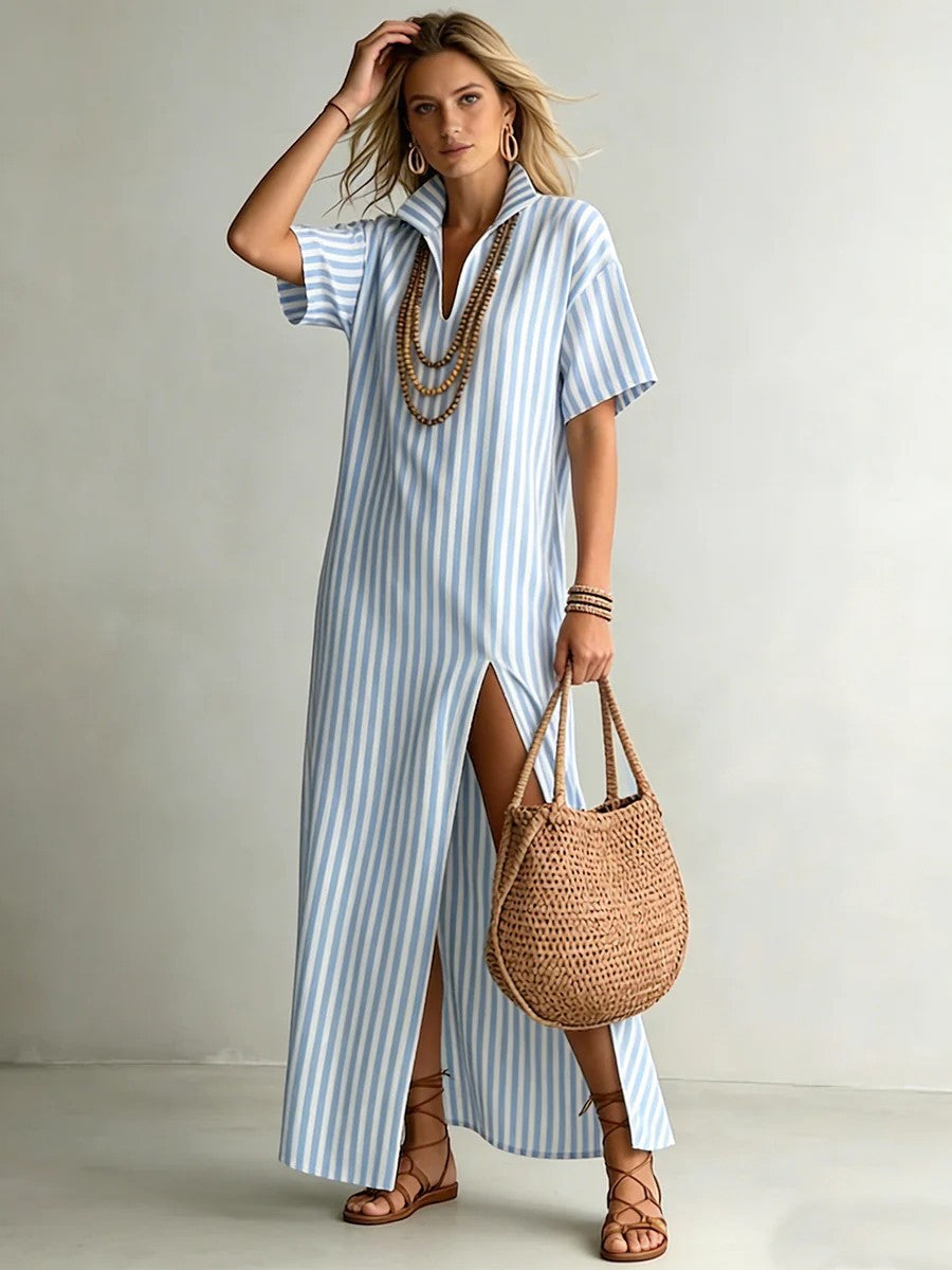 Rochie Lungă Femei — Guler Cămașă, Mânecă 3/4, Talie Înaltă