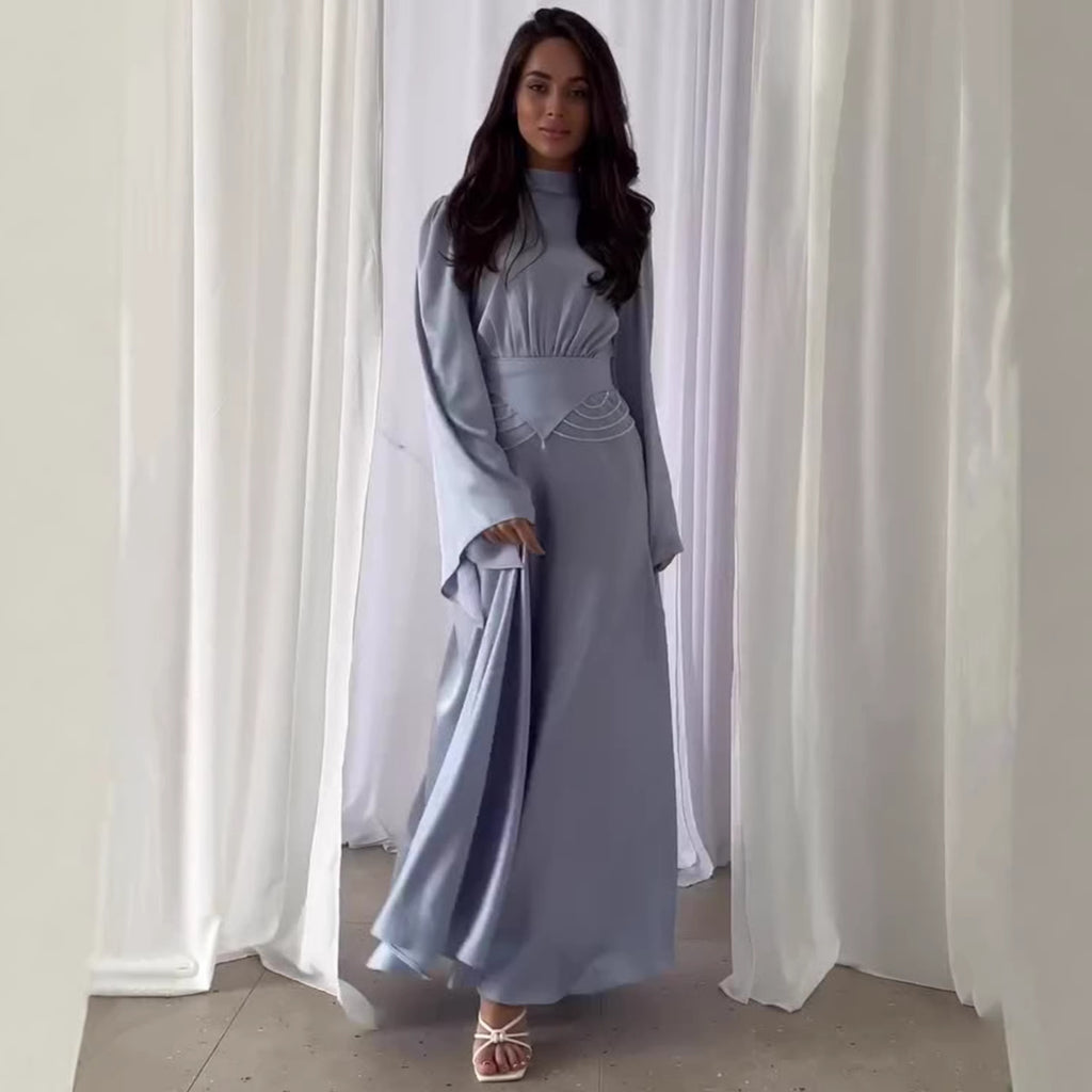 Rochie Elegantă de Vară cu Mânecă Lungă, Talie Subțiată și Design Respirabil – Culoare Uni