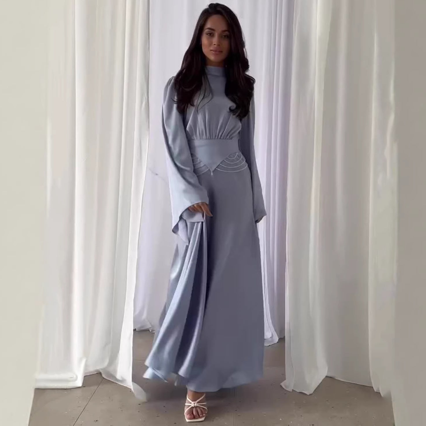 Rochie Elegantă de Vară cu Mânecă Lungă, Talie Subțiată și Design Respirabil – Culoare Uni