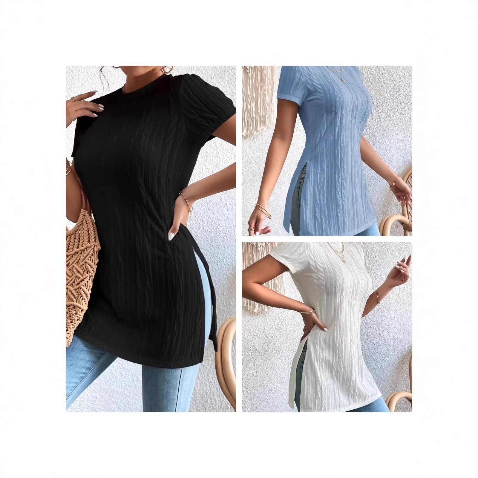 Tricou Damă cu Textură Nervurată — Guler Rotund, Mânecă Scurtă, Crăpătură Laterală