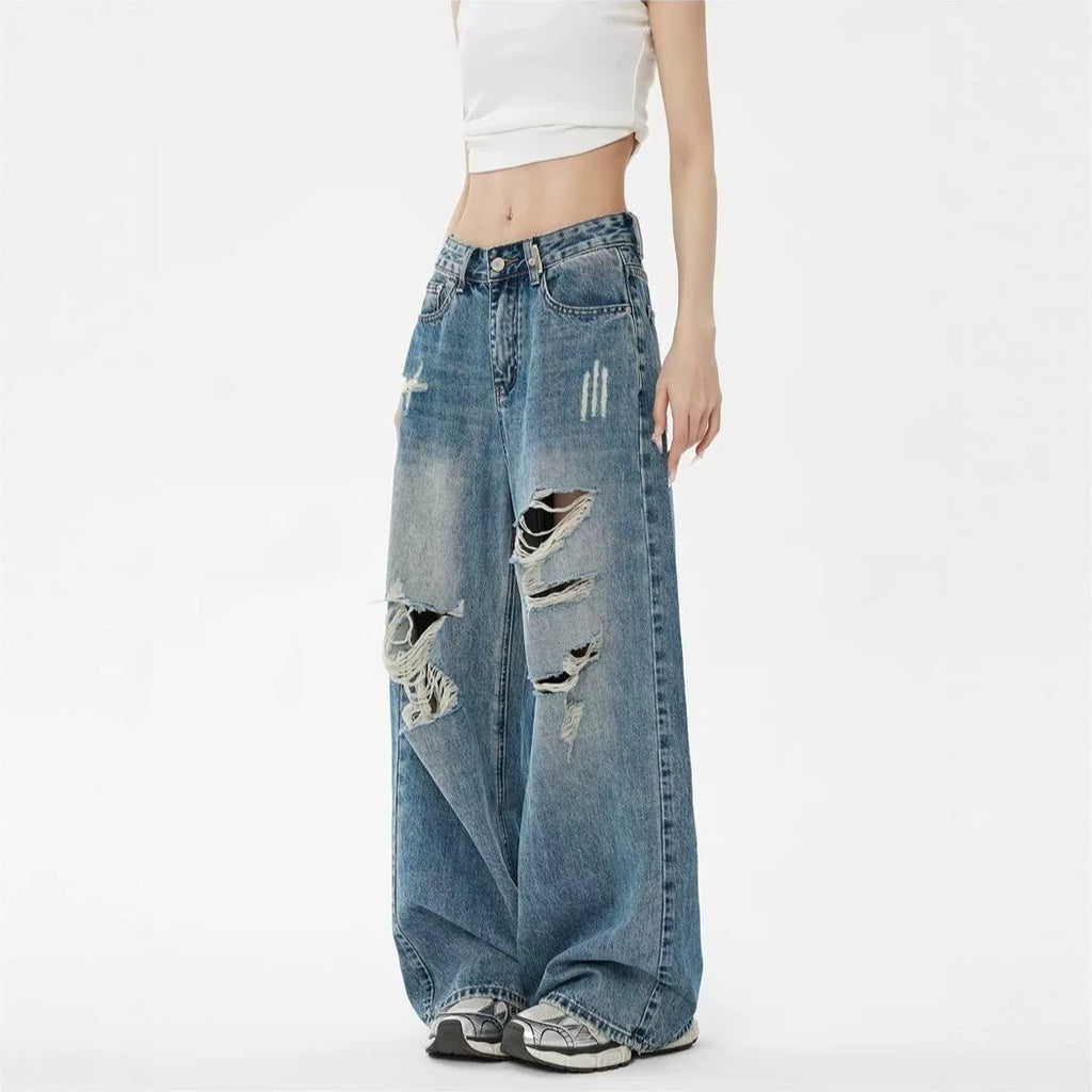 Pantaloni Denim Vintage Rupți pentru Femei — Spălați, Croială Dreaptă