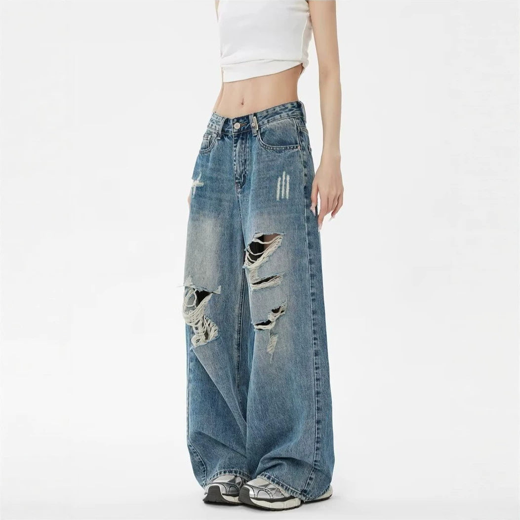 Pantaloni Denim Vintage Rupți pentru Femei — Spălați, Croială Dreaptă