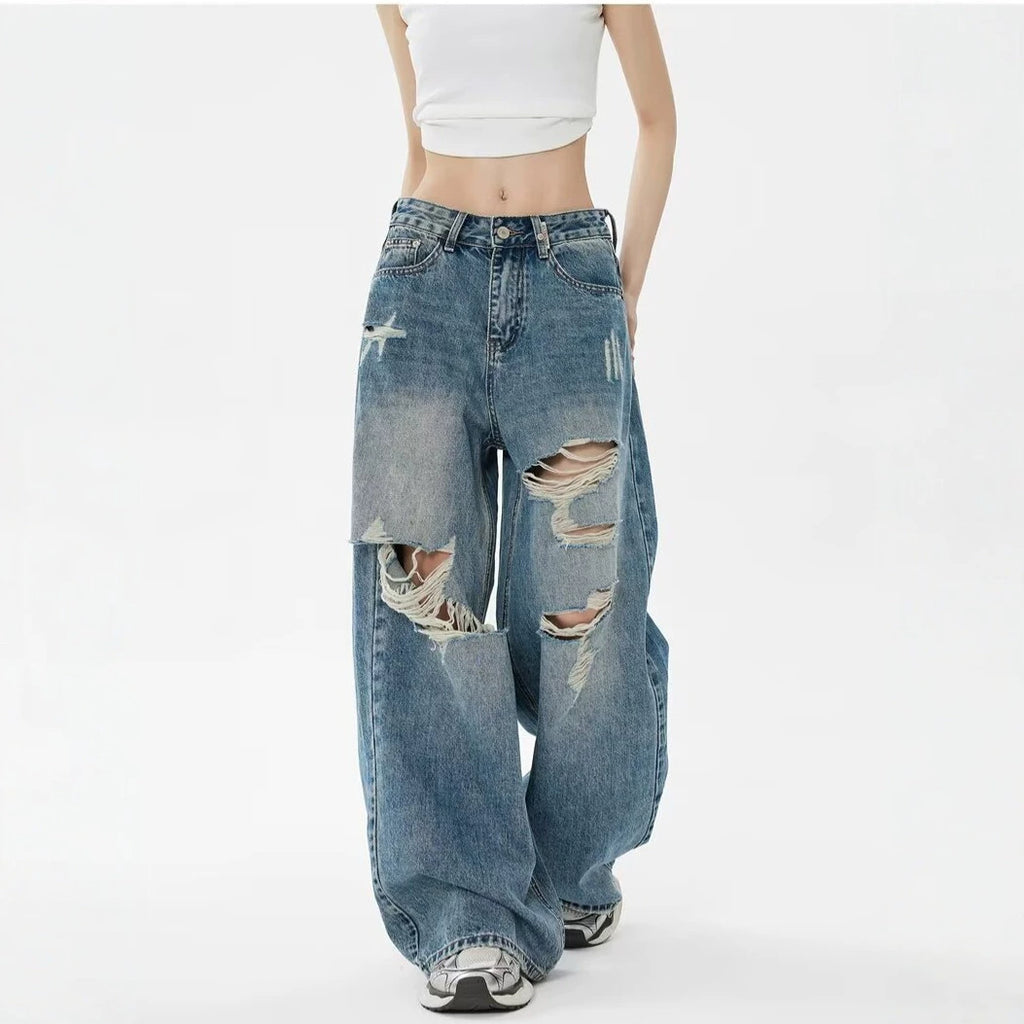 Pantaloni Denim Vintage Rupți pentru Femei — Spălați, Croială Dreaptă