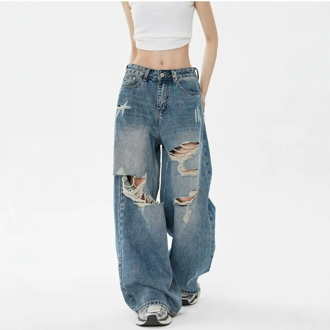 Pantaloni Denim Vintage Rupți pentru Femei — Spălați, Croială Dreaptă