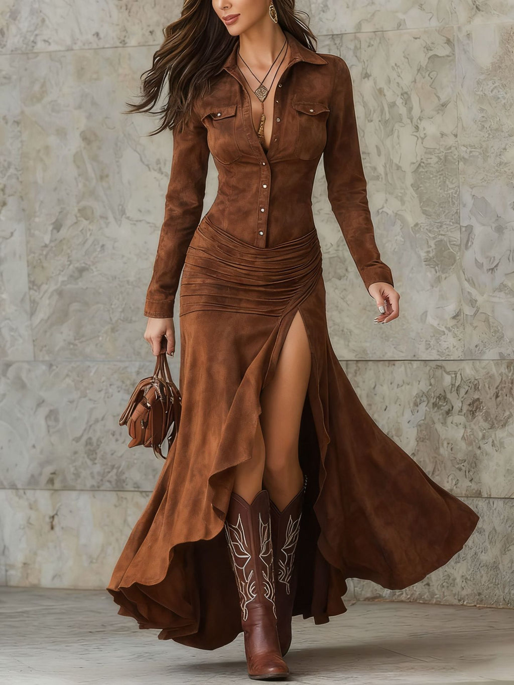 Rochie Lungă Elegantă cu Fermoar, Guler Drept și Crestătură Slim Fit