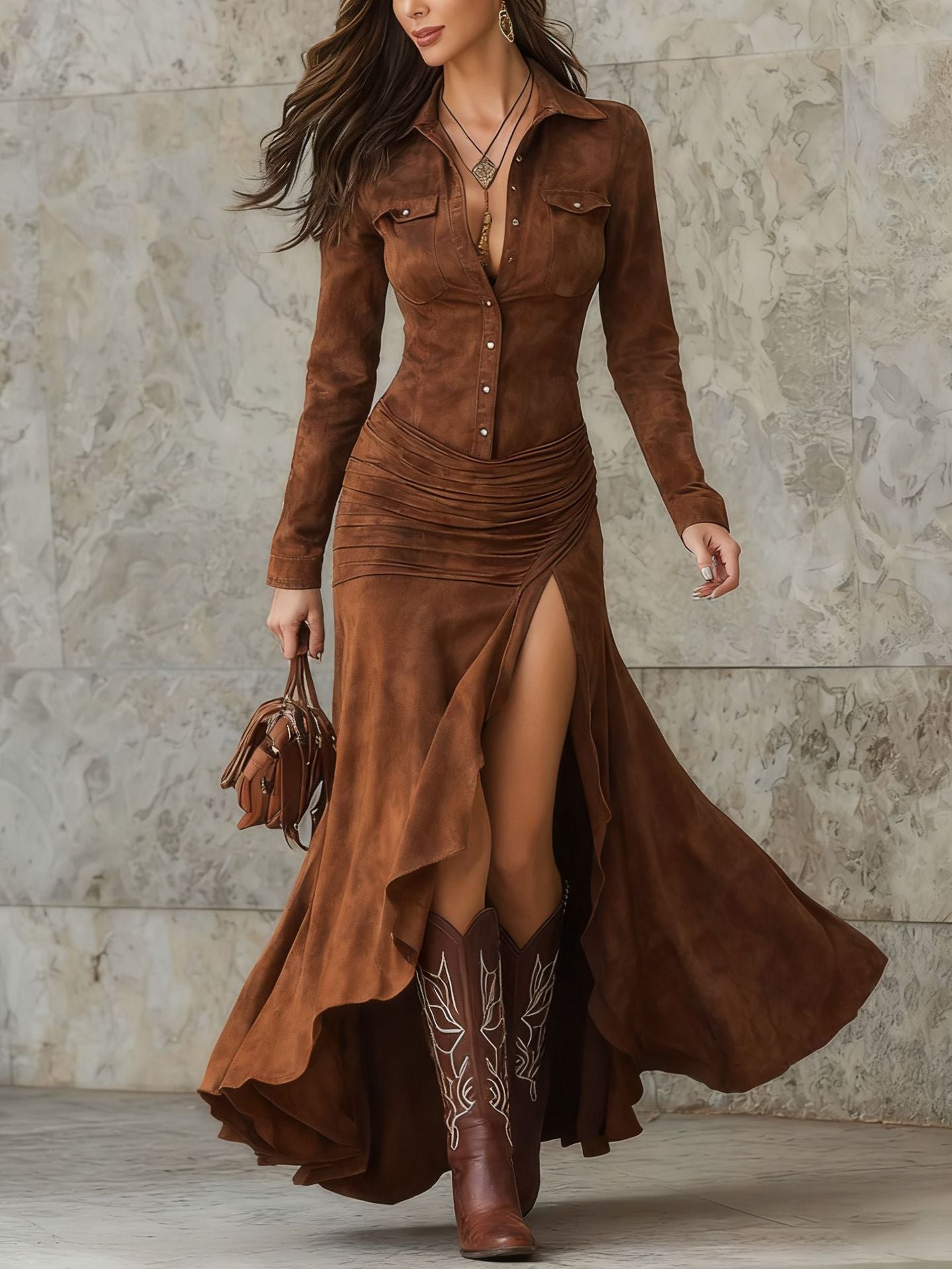 Rochie Lungă Elegantă cu Fermoar, Guler Drept și Crestătură Slim Fit