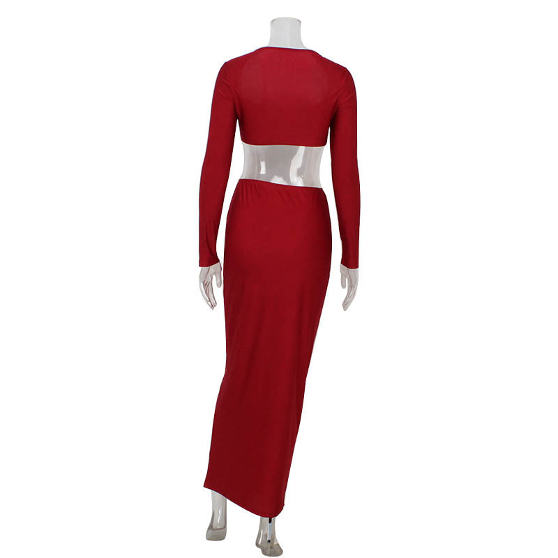 Set Două Piese Sexy cu Top Scurt și Fustă Lungă cu Talie Înaltă pentru Femei