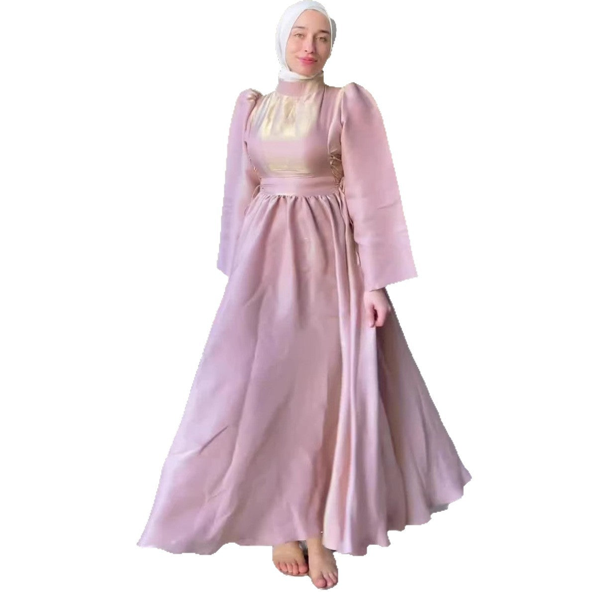 Rochie Tip Teacă cu Șiret și Mâneci Felinar — Lungime Maxi
