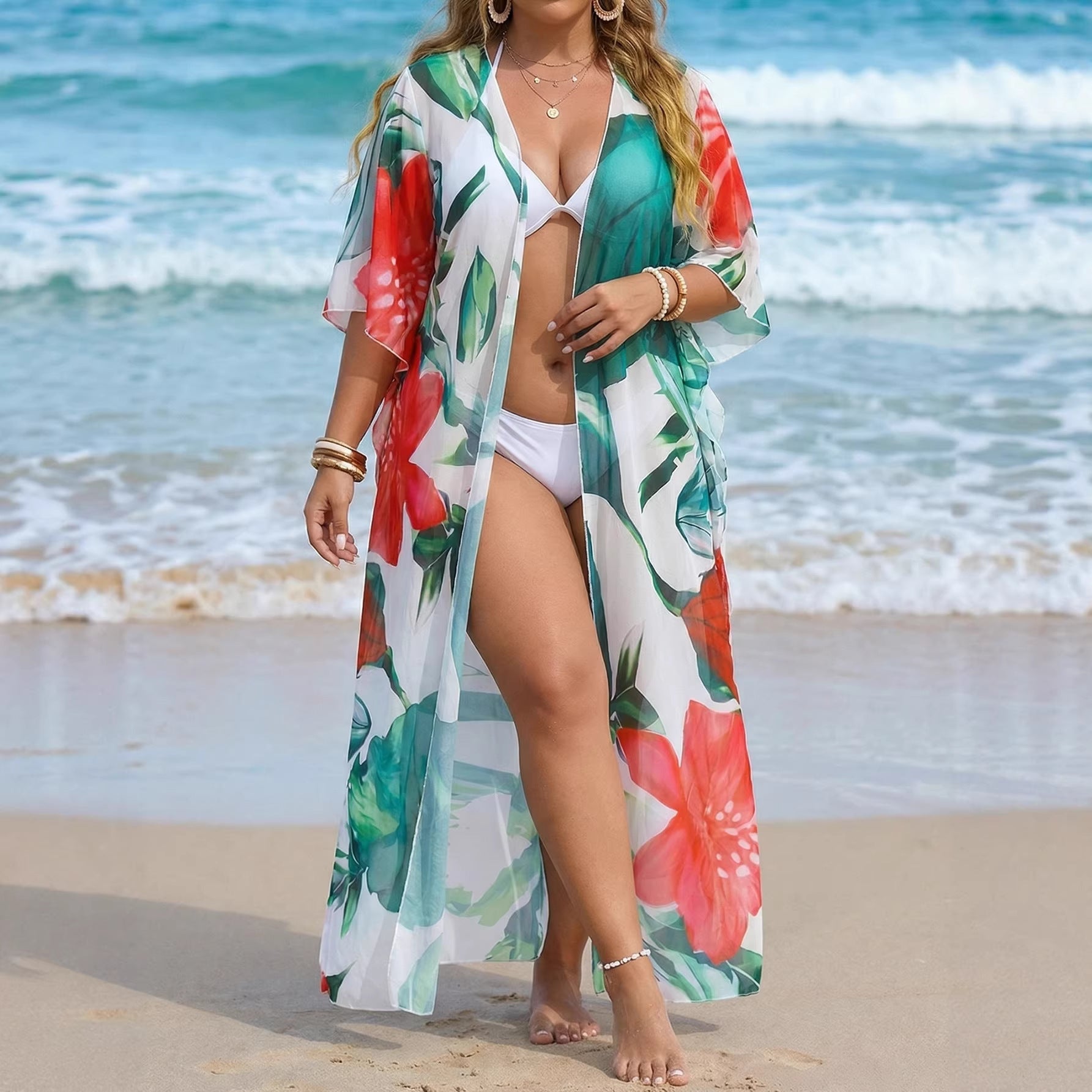 Pareo de Plajă Kimono — Print Floral, Mărime Universală