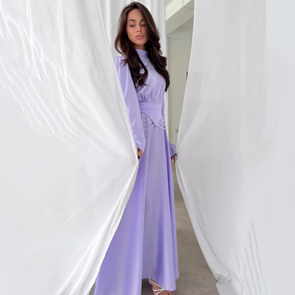 Rochie Elegantă de Vară cu Mânecă Lungă, Talie Subțiată și Design Respirabil – Culoare Uni
