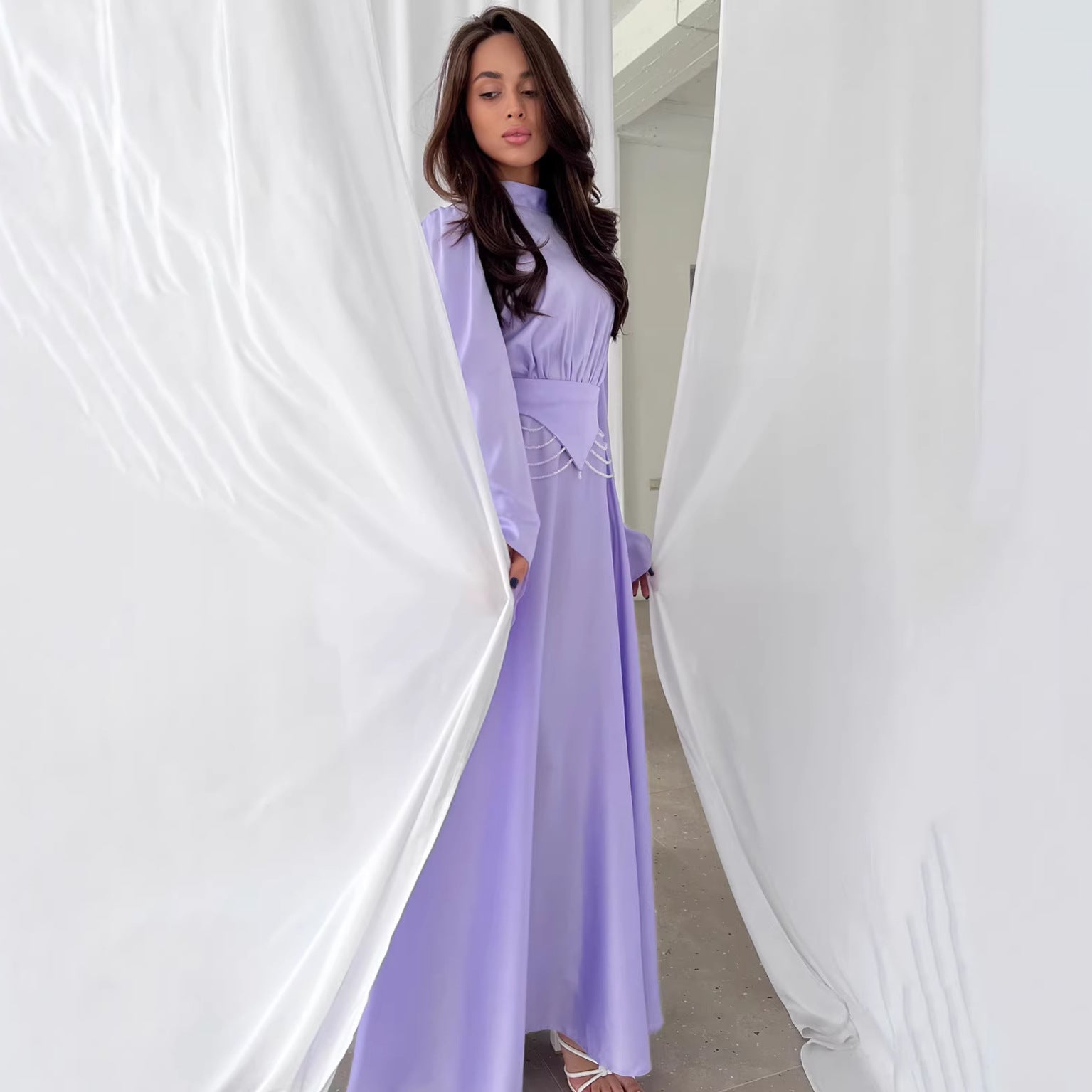 Rochie Elegantă de Vară cu Mânecă Lungă, Talie Subțiată și Design Respirabil – Culoare Uni